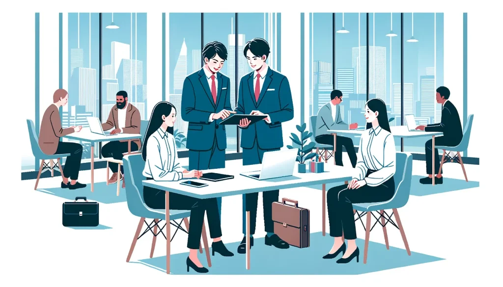 Beberapa orang pebisnis sedang rapat dan membahas gambaran besar sebuah proyek.