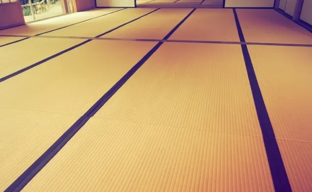 Seseorang sedang membersihkan lantai tatami dengan penyedot debu.