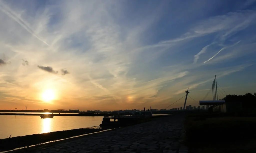 Pemandangan tepi Sungai Edo (Edogawa) dengan pepohonan yang rindang.