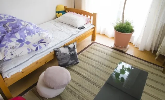 Sebuah apartemen kecil yang ditata dengan cerdas menggunakan perabotan multifungsi.