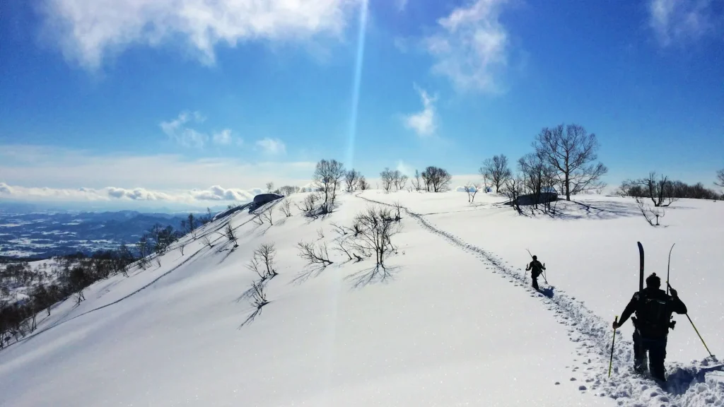 Pemandangan musim dingin yang menakjubkan di Niseko, Hokkaido, dengan pegunungan yang tertutup salju.