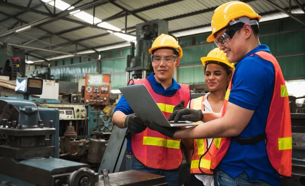 Seorang pekerja sedang mengoperasikan mesin di dalam sebuah pabrik modern.