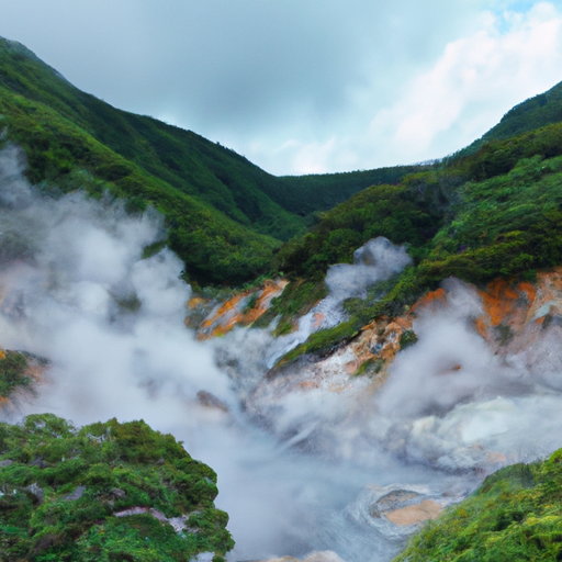 Ilustrasi pemandangan onsen outdoor di Jepang.