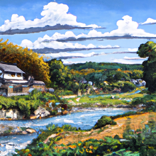 Ilustrasi pemandangan desa Shirakawa-go di Chubu.