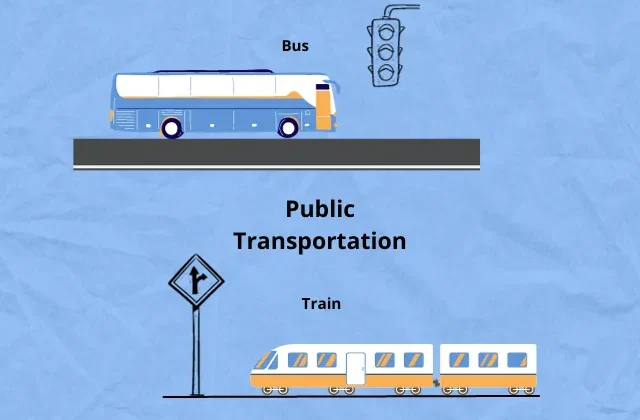 Ilustrasi berbagai moda transportasi di Jepang seperti Shinkansen dan bus.