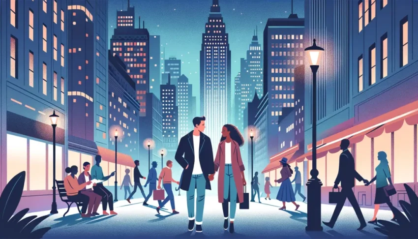 Sepasang kekasih sedang berjalan sambil bergandengan tangan.