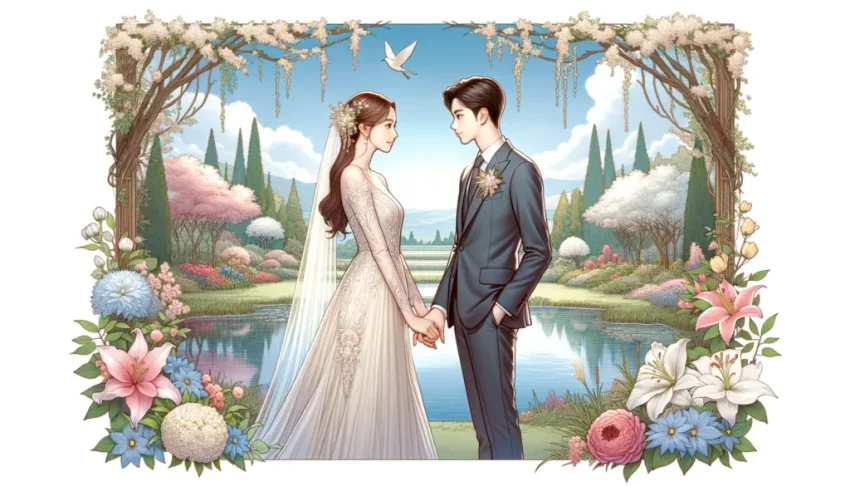 Sepasang pengantin dalam upacara pernikahan tradisional Shinto di Jepang.