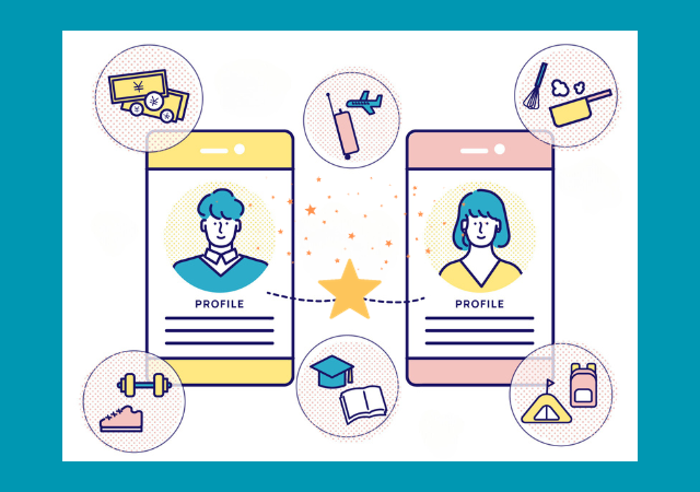 Ilustrasi smartphone dengan berbagai ikon aplikasi kencan dan sosial.