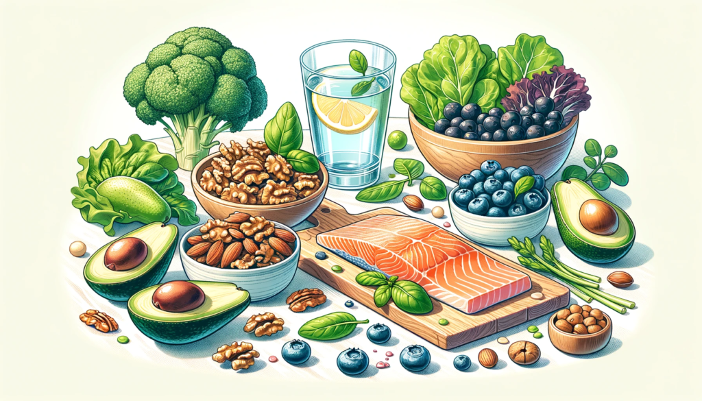 Meja makan yang dipenuhi dengan makanan sehat seperti ikan salmon, alpukat, dan sayuran hijau.