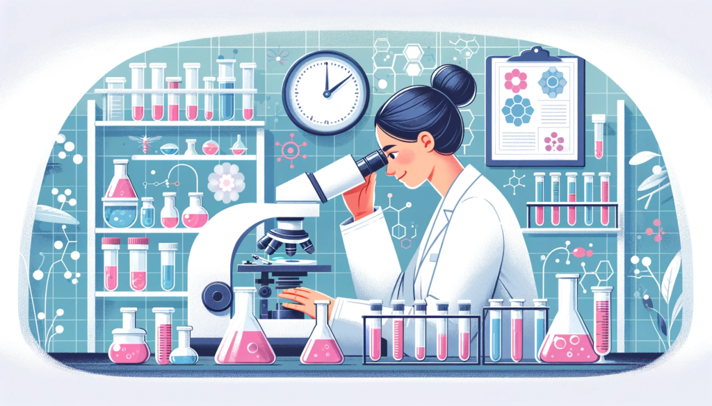 Ilustrasi seorang ilmuwan sedang meneliti sampel skincare di laboratorium.