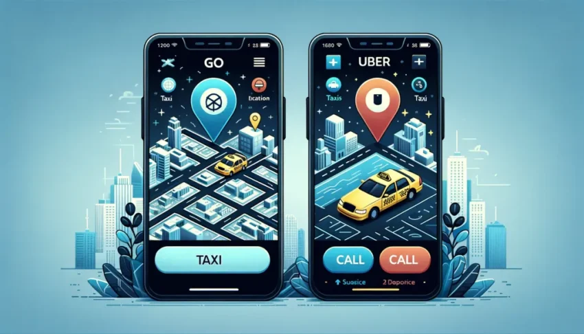 Perbandingan tampilan aplikasi GO dan Uber.