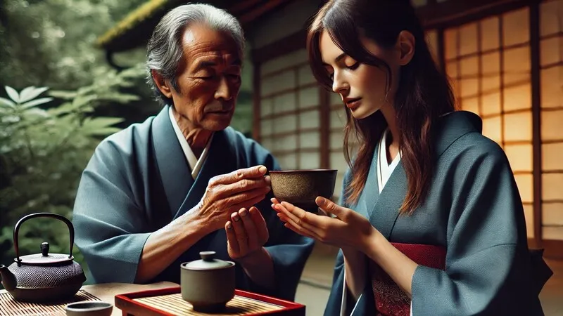 Tangan seseorang yang sedang memutar mangkuk teh dengan sopan.