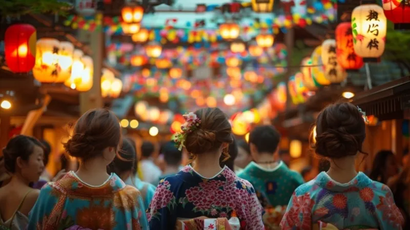 Orang-orang menari Bon Odori di sekitar menara yagura pada malam hari