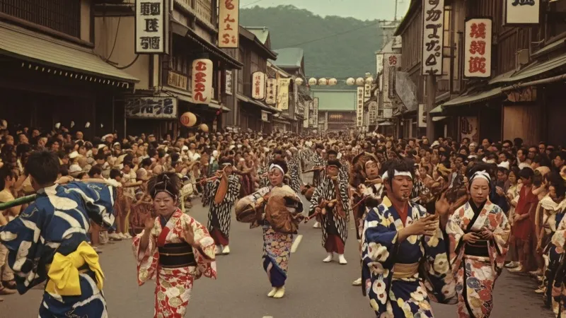 Lukisan kuno yang menggambarkan orang-orang sedang menari Bon Odori